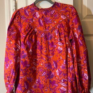 NWT Women's Orange with Purple Flowers Floral Long Sleeve Top Blouse - Small